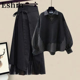 2024 Autumn New Patchwork Striped Shirts With Irregular Skirts Women's Two-piece Sets Oversized Female Fashion TH1346-Outfit