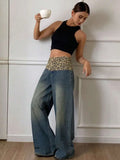Fongt Splicing Retro Leopard-Print Broad-Legged Pants Jeans Women's Niche To Make Old Loose Breathable Straight Pants