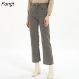 New Gray Straight Cut Jeans Women Vintage High Waist Denim Pants Femme 2021 Long Loose Full Length