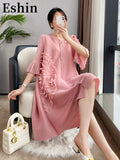 Patchwork 3D Flower Three Quarter Sleeve Single Breasted Pleated Solid Dress For Women 2024 Autumn Fashion New TH1217-Outfit