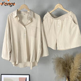 Retro Large Size 2023 Summer Cotton and Linen Shirt Suit High Waist Loose Shorts Two Peice Set for Women Matching