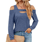 2023 New U Collar Off-Shoulder Splice Long Sleeve Loose T-Shirt Top Women-Outfit