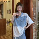 Sleeve T-shirts Women Patchwork All-match Denim Футболка Женский Students Creativity Design Summer Leisure Korean