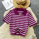 Fongt Knitted Women 2025 Summer South Korea Ins New Trendy Sleek Striped T-Shirt Women's Tops