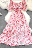 Elegant Floral Dress Women Vintage Square Collar Short Sleeve A Line Beach Dresses Ladies High Waist Print Split