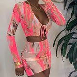 See Through Hot Sexy Women Matching Sets Bandage Long Sleeve Bodycon Club two Piece Outfits Crop Top And Skirt