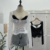 Fongt Hollow Tying With Low-Necked Bow Ribbon Dizzy Red Elastic Mesh T-Shirt Top 8036