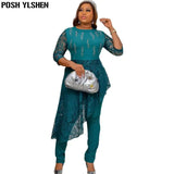 Two Piece Set Clothes African Dresses for Women Pant Suits 2022 Lace Hot Drilling Irregular Long Dress Sexy Outfits for