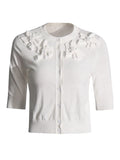 Temperament Knitted Jersey 2025 Summer New Three-Dimensional Flowers Decorated Five-Sleeve High-End Sweater Cardigan