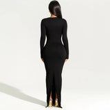 Fongt Women's Long Sleeve Oblique Collar Temperament Repair Behind The Fork Long Dress