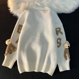 Bear Head Pendant Fleece Embroidery Oversized Sweaters Men Women Hip Hop Streetwear Winter Knitted Tops Korean Kawaii