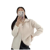 Early Spring Wear New Purple Lapel Zipper Sweater Jacket Women's Knitted Cardigan With Bottomed Jacket-Outfit