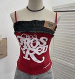 Fongt Letter-Print Spliced Denim Sling Vest Repair Outside The Hot Babes Bumpy Short Sleeveless Top 2309