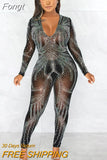 Sparkle Black Silver Rhinestones V Neck Sheer Jumpsuits Women Glitter Long Sleeve Mesh Crystal Romper Nightclub