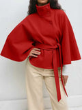 Fongt Women's Autumn And Winter New Fashion Pure Color Cape Collar Collar Belt Wind Coat
