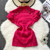Ruffles Short Sleeve Buttons Sweater Jumpers Girls Stretchy Chic Sweaters Pullovers Tops Women Knitted Tee Shirts-Outfit