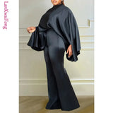 New Solid Color Bat Sleeves Loose Top Slim Fit Pants Two Piece Fashion Winter Elastic Cape Set-Outfit