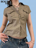 Fashion Streetwear Safari Style Solid Blouses Y2K Aesthetic Vintage Buttons Up Shirts Women Korean Casual Tops Summer-Outfit