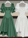 Women Summer French Vintage High Waist Irregular Dresses 2022 Office Ladies Elegant Square Collar Puff Sleeve Vestido De