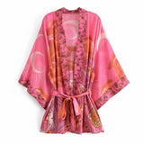 Women Blue Space Moon Flower Print Kimono Shirt Holiday Beach Tide Bow Sashes Mid Long Cardigan Blouse BOHO