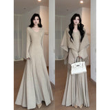 Fongt Sister Temperament Knitting Set Autumn V Collar With Long-Sleeved Dress Shawl Two Sets Of Women