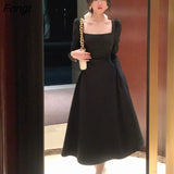 New Women Elegant Black White Dress Long Sleeve Party Vestidos One Piece Slim Spring