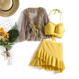 Piece Bikini Women Solid Yellow Long Sleeve Mesh Push Up Brazilian Swimwear Biquini Bathers Bathing Suit Skirt Ruffle