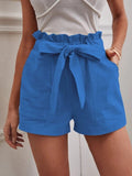 Fongt 2025 Summer Women's Loose Flax Leisure Shorts Pocket Solid Colored High-Rise Broad Legs