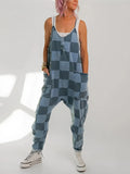 Fongt Women's Check-Print Leisure Large Pocket Jumpsuit Wish Loose Back