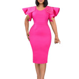 Fongt Women's Clothing 2025 New Round-Neck Lotus Leaf Sleeves Open Nail Beads OL Dress Dress Dress Dress