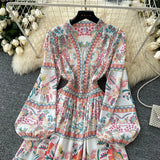 Fongt Vintage Printed Dresses Women's New Spring 2025 New Waist Temperament V-Neck Single-Rece Buckle Long Dress
