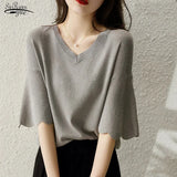Summer Knitting Shirt Petal Sleeve V-neck Top Loose Short Sleeve Ice Silk Sweater Thin Style Women's Fashion Shirt