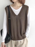 Fongt Spring 2024 V-Neck Sleeveless Loose Vest New Literary Knit Vest Pure Color Wisp Empty Women Fold Wear Jacket-Outfit