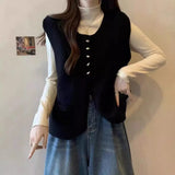 New Solid Color Single-Breasted Buckle Folded Through Leisure College Women's Vest Round Collar Knitting Korean Version Of The Small Fragrant Wind Vest-Outfit