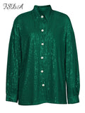 Sequins Green Long Sleeve Blouse Shirts Women V Neck Oversized 2022 Autumn Winter Black Y2K Party Top Shirt Sexy