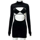 Piece Set Women Turtleneck Cut Out Long Sleeve Split Mini Dress+Bandage Lace Up Bra Outfits 2021 Autumn Goth Y2K