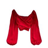 Fongt Fashion V-Neck Folded Collared Collared Collared Long-Sleeved Sleeve Cover Female Chic Short-Term Navel Blouse