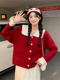Fashion Sweet Cardigan Women Chic Peter Pan Collar Heart Button Hit Color Long Sleeve Knitted Sweater Coat Cute Loose Top-Outfit