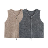Fongt Collar Double Zipper Knitted Vest Vest 2025 Spring Loose Short Sweater Cardigan Woman