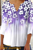 Floral Print Summer Blouse Women Elegant Simple Shirt V Neck Button 3/4 Length Sleeve Casual Holiday Basic Tops