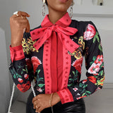 Women Elegant Floral Print Blouse Shirt 2023 Autumn New Casual Long Sleeve Button Tops Lady Sexy Bandage Turn-Down Collar