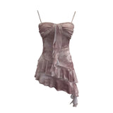 Real Shooting 2025 Spring And Summer New With Chest Cushions Dyed Mesh Sling Sling Vest Irregular Lotus Leaf Side Top