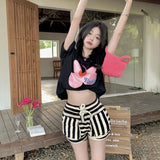 Drawstring Wild Shorts Women Stripe Printing Pocket High Waist Shorts Bandage Easy Elastic Casual Short Pants Lady-Outfit
