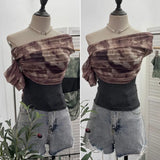 Fongt Shooting Can Wear Two-Wear Art Dizzy Net Yarn Spliced A Word Shoulder T-Shirt To Repair The Chest Short Babes Top 1131