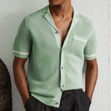 Fongt Men's Sexy Hollow Men's Knitted Summer Cuban Collar Short-Sleeved Polo Shirt