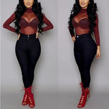 Fongt Elastic Tight Perspective Sexy Mesh Bottom Shirt Transparent Long Sleeve T-Shirt Women's Lace
