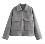 Fongt Women's Explosive Retro Fashion Simple Collar Big Pocket Zipper Wool Coat