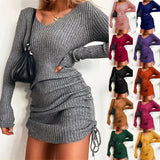 Fongt Knitted Sweater V Collar Long Sleeve Autumn And Winter Sexy Body Threaded Skirt Folding Drawstring Skirt