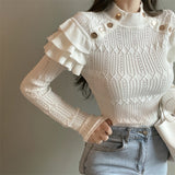 Sleeve Turtleneck Buttons Sweater Jumpers Girls Stretchy Chic Ruffles Autumn Spring Sweaters Pullovers Tops Women-Outfit