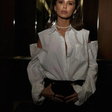 Fongt Women's Fashion Long Sleeve Lapel White Shirt 2023 Summer New Off-Shoulder Loose Shirt Top-Outfit